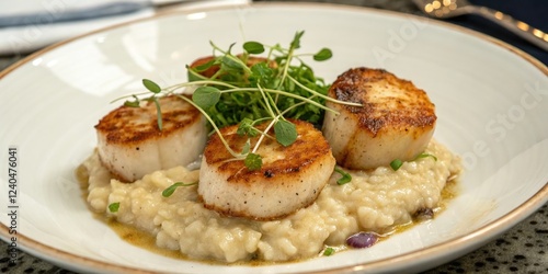 Pan-seared scallops with truffle risotto and microgreens, microgreens, upscale dining, modern cooking photo