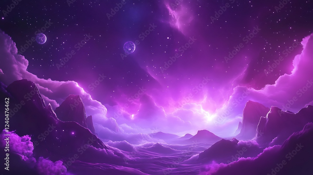 Fototapeta premium Purple Landscape with Mountains, Clouds, and Stars
