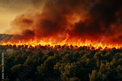 Intense wildfire engulfs forest landscape during sunset creating dramatic smoke and flames in the air photo