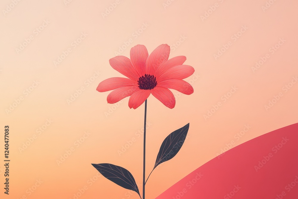 Naklejka premium Single Coral Flower Stem Against Peach Background