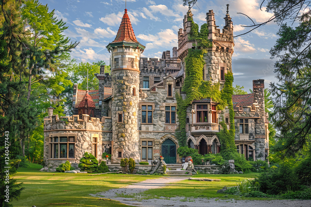 Obraz premium Majestic old castle with ivy-covered stone walls and a tower, surrounded by lush greenery and trees.