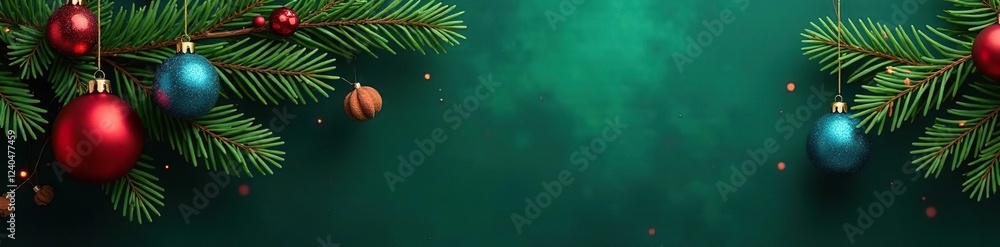 Fir branches with red and blue ornaments on a Christmas background, green, red Fir branches with red and blue ornaments on a Christmas background, green, red