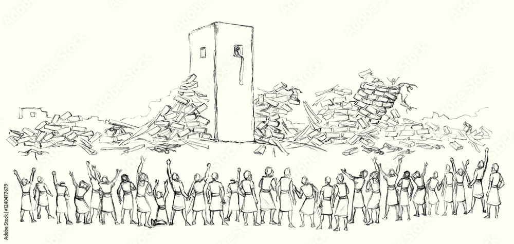 Fototapeta premium Pencil drawing. The Fall of the Walls of Jericho