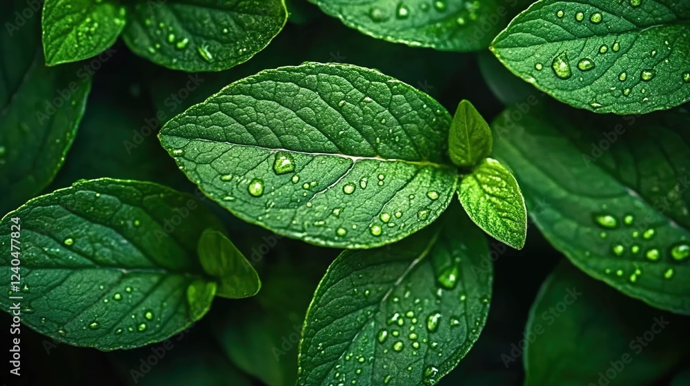 Fototapeta premium A close-up of an illuminated green leaf with glittering dewdrops, set against the backdrop of rich soil and lush plants, symbolizing growth in environmental innovation.