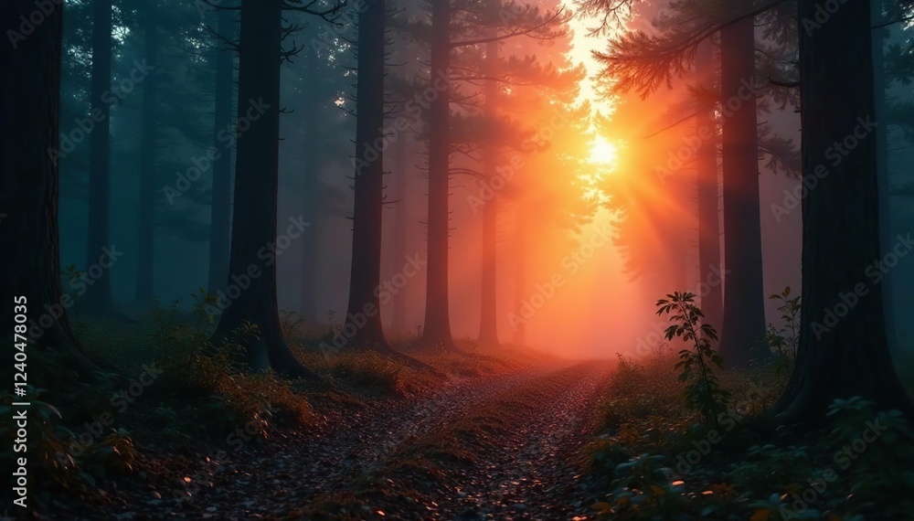 Fototapeta premium Foggy woods glowing softly with distant orange light, forest, nature