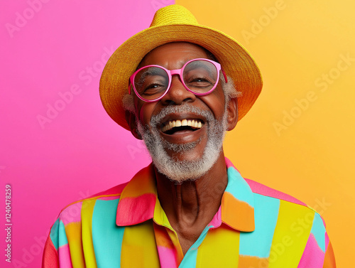 Wallpaper Mural studio portrait of happy senior retired black man wearing colourful clothes, isolated on pink yellow background Torontodigital.ca