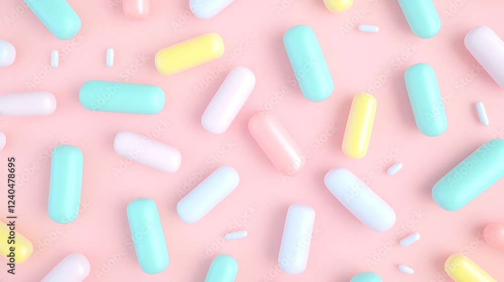 Colorful Soft Capsules on Pink Background with Various Shapes and Sizes for Health and Wellness Concepts Colorful Soft Capsules on Pink Background with Various Shapes and Sizes for Health and Wellness Concepts