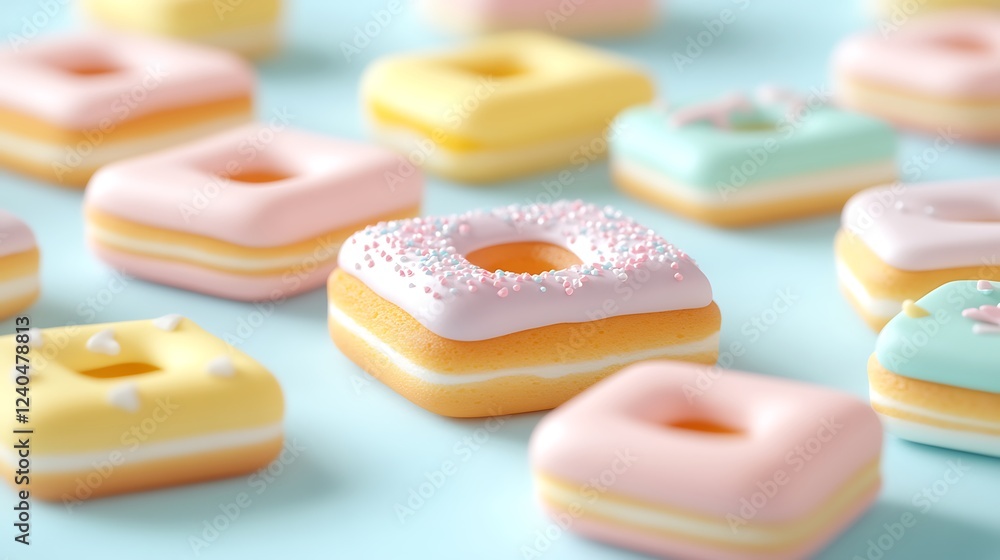 Colorful Soft Donuts with Icing and Sprinkles on a Light Blue Background Colorful Soft Donuts with Icing and Sprinkles on a Light Blue Background