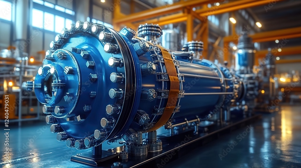 Blue water, engine gear, oil cylinder, inside a factory hall with a blurred background Blue water, engine gear, oil cylinder, inside a factory hall with a blurred background
