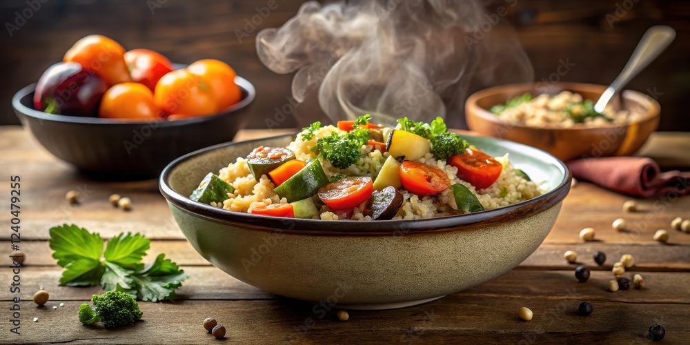 Steaming bowl of quinoa and roasted vegetables in a natural setting with earthy tones, vegan, nutrition Steaming bowl of quinoa and roasted vegetables in a natural setting with earthy tones, vegan, nutrition