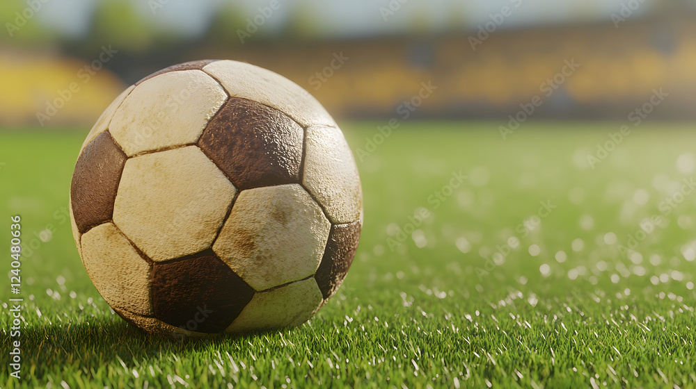 close up of soccer ball resting on green grass, showcasing its texture and details close up of soccer ball resting on green grass, showcasing its texture and details