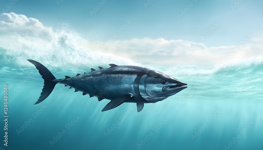 Fototapeta premium Bluefin Tuna Swimming Underwater Ocean Waves