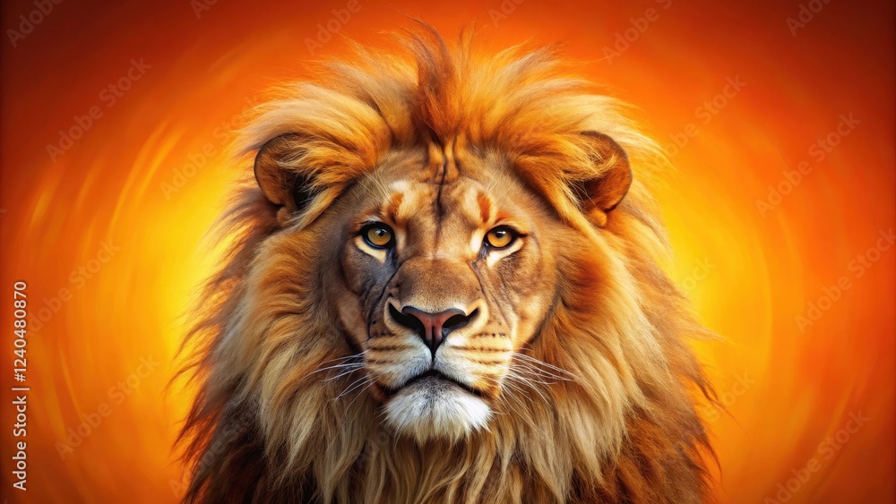 Fototapeta premium A majestic lion's face with a fiery mane and piercing eyes on a bright orange background, bold expression, lion portrait