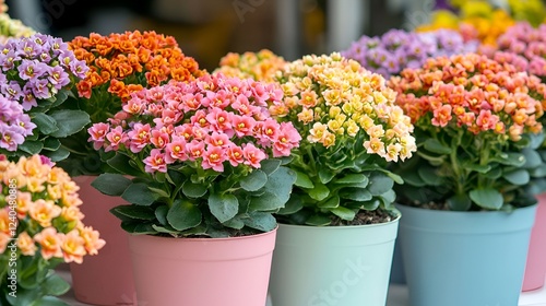 Colorful kalanchoe flowers in pots at market stall