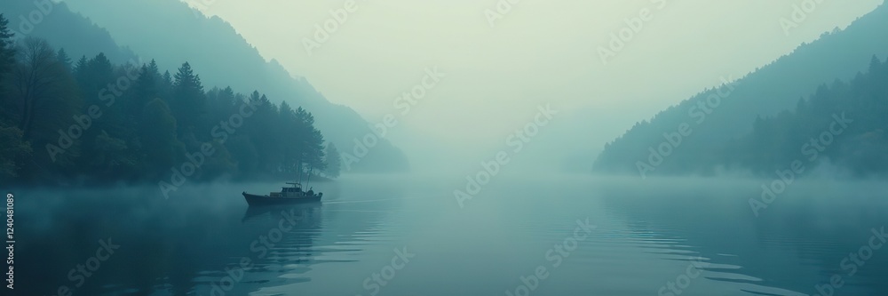 A foggy lake with a mysterious boat drifting across its surface, boat, eerie A foggy lake with a mysterious boat drifting across its surface, boat, eerie