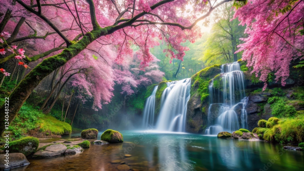 Obraz premium A serene waterfall cascading in a lush forest