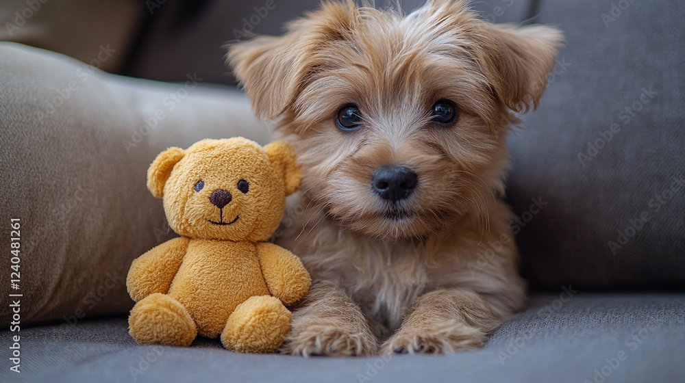 Celebrate National Puppy Day with a playful puppy and a cuddly teddy bear in a cozy setting Celebrate National Puppy Day with a playful puppy and a cuddly teddy bear in a cozy setting