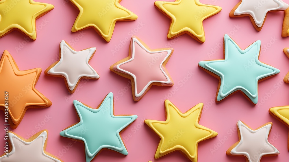 Colorful Star-Shaped Cookies on Pink Background, Ideal for Celebrations and Sweet Treats Display Colorful Star-Shaped Cookies on Pink Background, Ideal for Celebrations and Sweet Treats Display