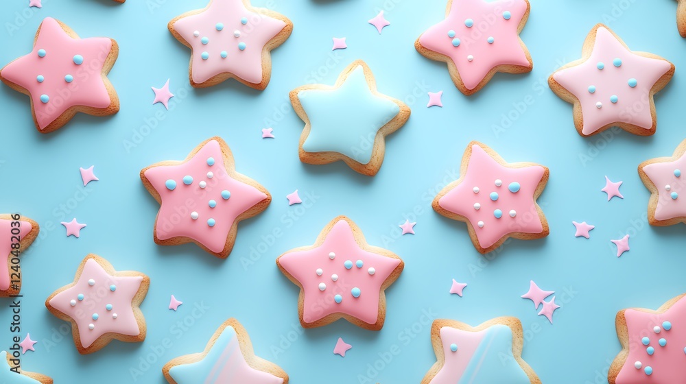 Colorful Star-Shaped Cookies with Pink and Blue Icing on a Light Blue Background for Sweet Treats Celebration Colorful Star-Shaped Cookies with Pink and Blue Icing on a Light Blue Background for Sweet Treats Celebration