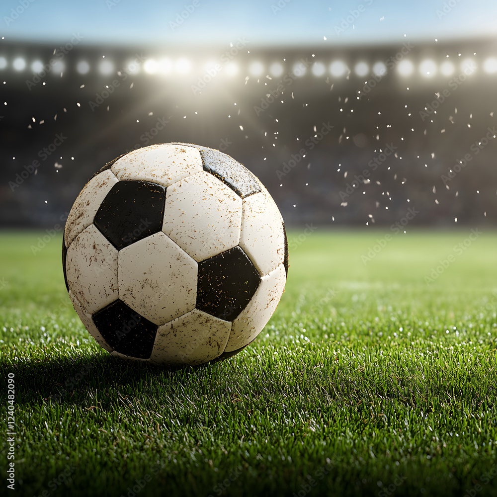 Fototapeta premium close up of soccer ball on grassy field, illuminated by stadium lights