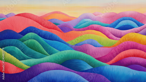 Vibrant landscape of colorful rolling hills in various shades of blue, green, pink, and purple, creating serene and joyful atmosphere