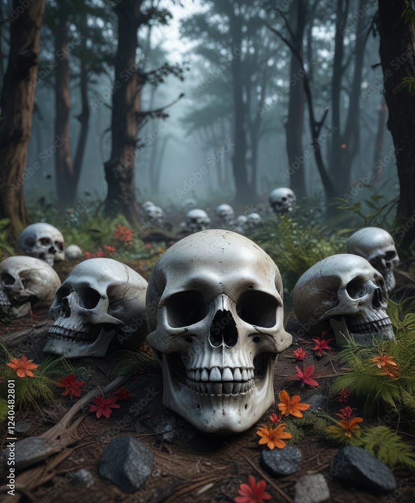Skulls scattered on a dark and eerie forest floor, darkness, skulls Skulls scattered on a dark and eerie forest floor, darkness, skulls