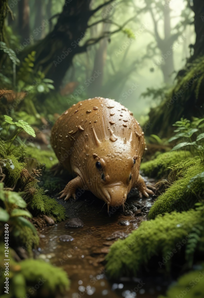 Obraz premium Slow moving slug navigating through mossy environment, moss covered ground, rock formations, outdoor nature
