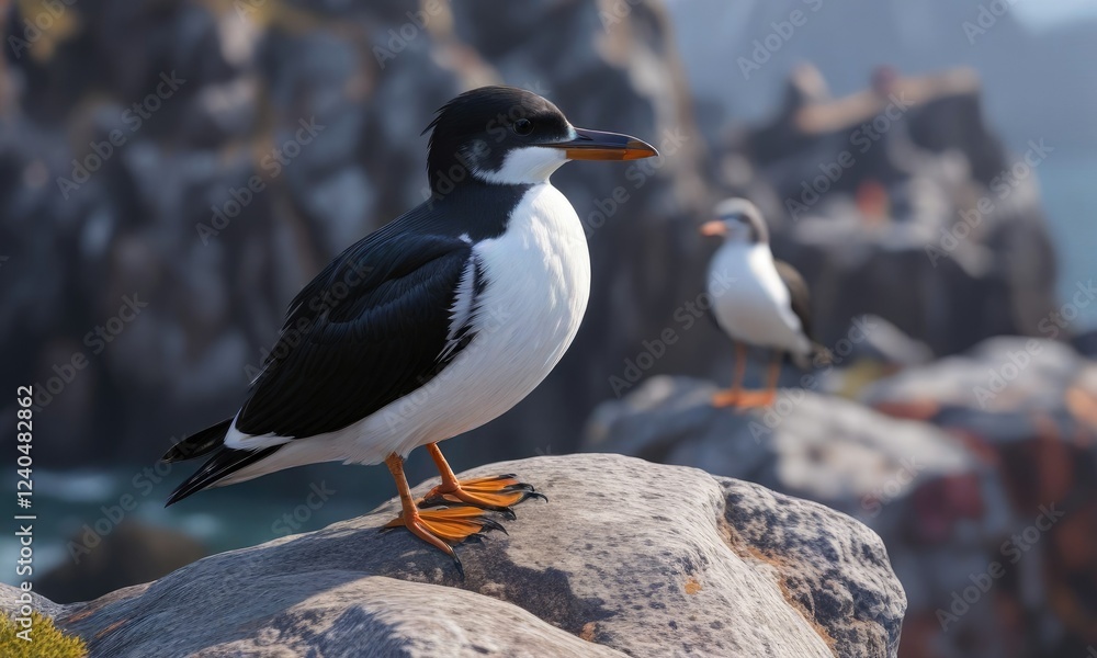 Fototapeta premium Small, black and white seabird with a distinctive beak, perched on a rocky outcropping, beach scene, nature, Atlantic puffin