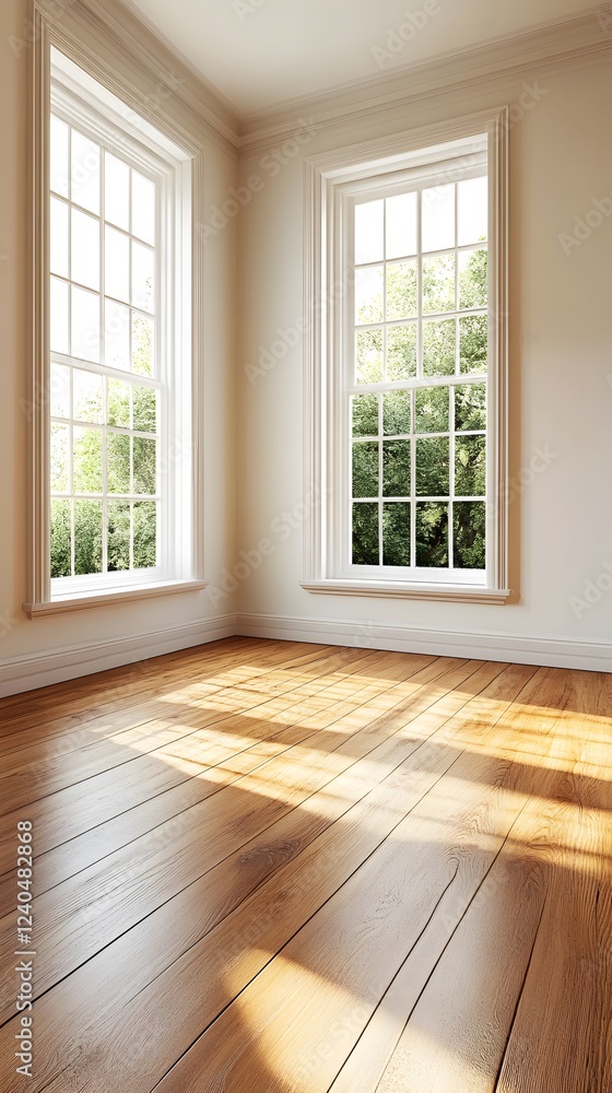 Sunlit Empty Room with Hardwood Floor and Large Windows Sunlit Empty Room with Hardwood Floor and Large Windows