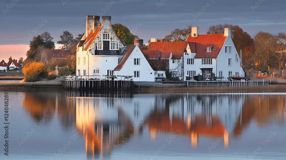 Fototapeta premium Scenic Waterfront Houses Reflection at Sunset