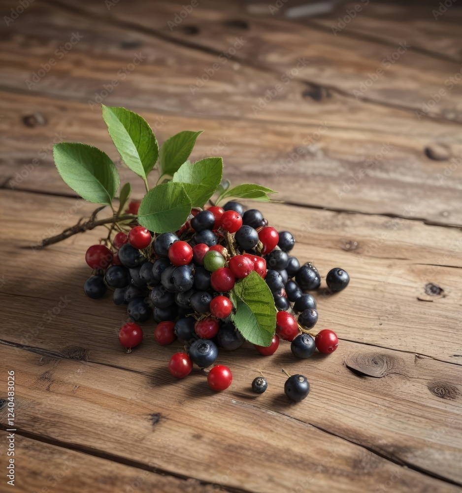 Small sprig of chokeberry against a rustic wooden table , rustic, wild, branches Small sprig of chokeberry against a rustic wooden table , rustic, wild, branches