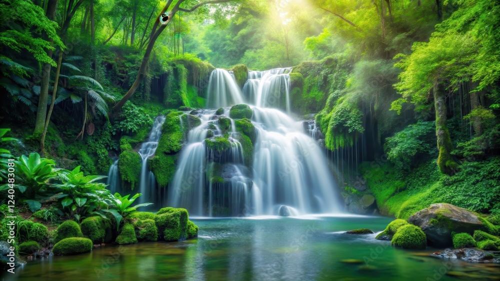 Fototapeta premium waterfall cascading through lush green vegetation, water flowing gently , light, atmosphere, light, atmosphere, foliage, shadow