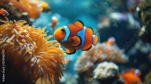Vibrant Clownfish Swimming Among Colorful Anemones in a Lively Coral Reef Ecosystem Underwater Scene