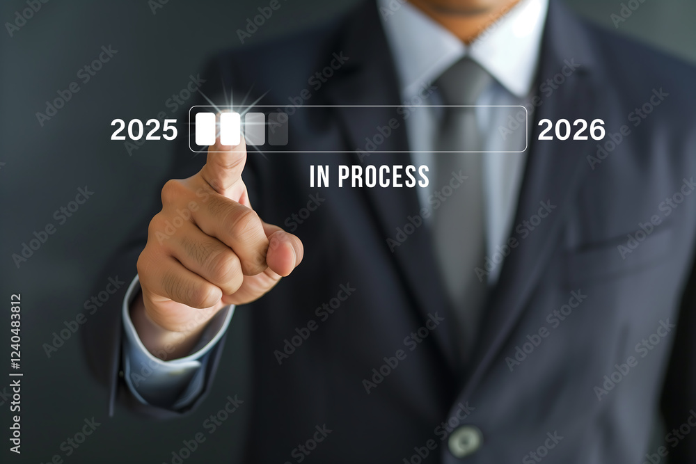 Progress Bar 2025-2026, A businessman in a sharp suit interacts with a futuristic progress bar interface, symbolizing the transition and planning from 2025 to 2026. Progress Bar 2025-2026, A businessman in a sharp suit interacts with a futuristic progress bar interface, symbolizing the transition and planning from 2025 to 2026.