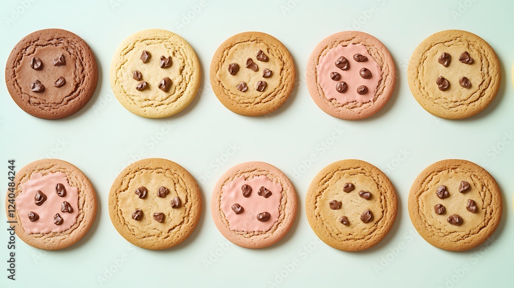 Fototapeta premium Colorful Variety of Delicious Cookies with Chocolate Chips Arranged on a Light Background