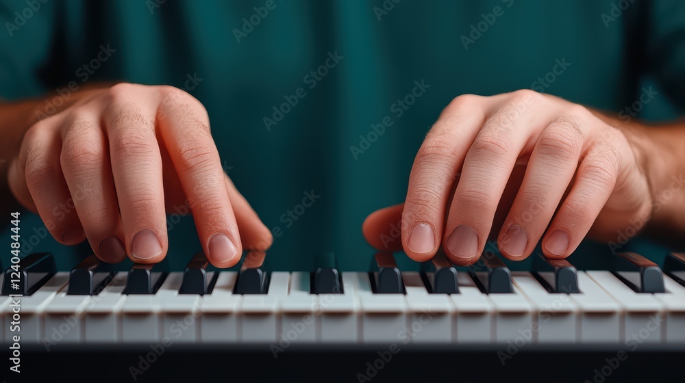 Fototapeta premium Hands Playing Piano Keys Close-Up Shot of Musical Performance