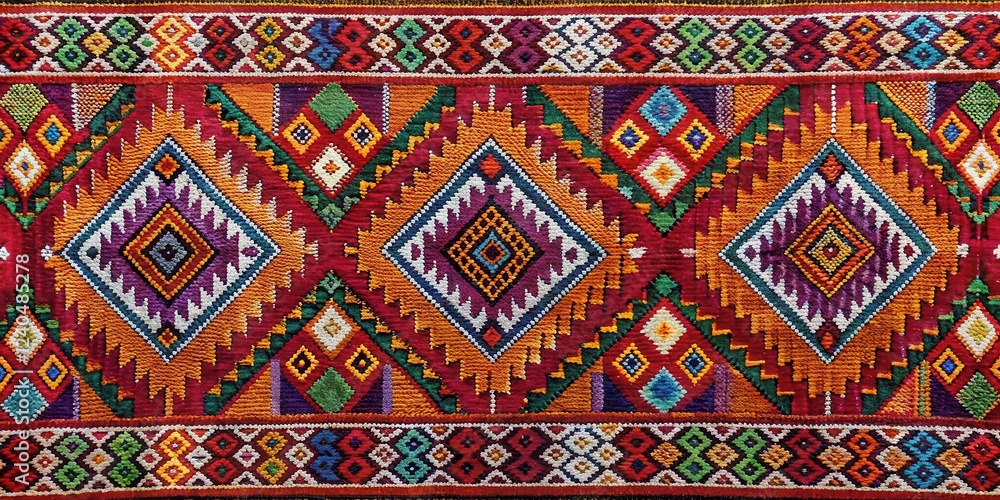 Intricate Mesoamerican geometric patterns on a traditional cotton fabric, woven fabrics Intricate Mesoamerican geometric patterns on a traditional cotton fabric, woven fabrics