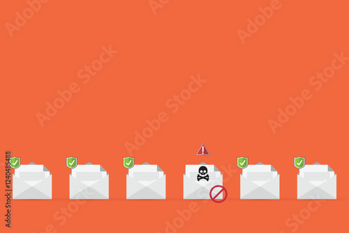 Email envelope with black document and skull icon. Virus, malware, email fraud, e-mail spam, phishing scam, hacker attack concept. Vector illustration	