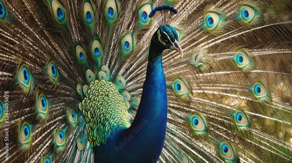 Obraz premium Peacock displaying its magnificent fan of iridescent tail feathers in full splendor.
