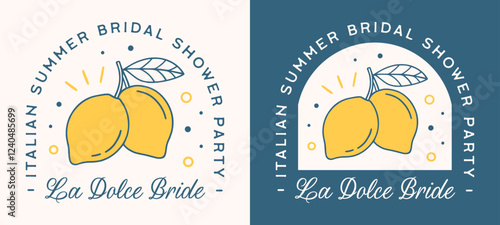 Bridal shower party Italian summer lemon fruit coastal blue yellow aesthetic mediterranean theme la dolce vita. Printable text retro vintage preppy fancy bridesmaid bride funny quotes shirt design.