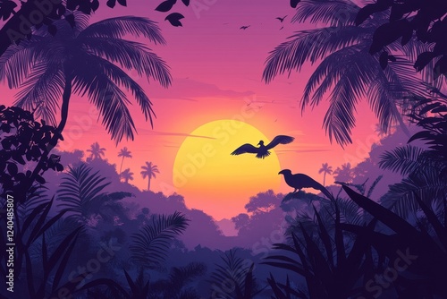 Tropical Sunset Silhouette Birds Palm Trees Jungle