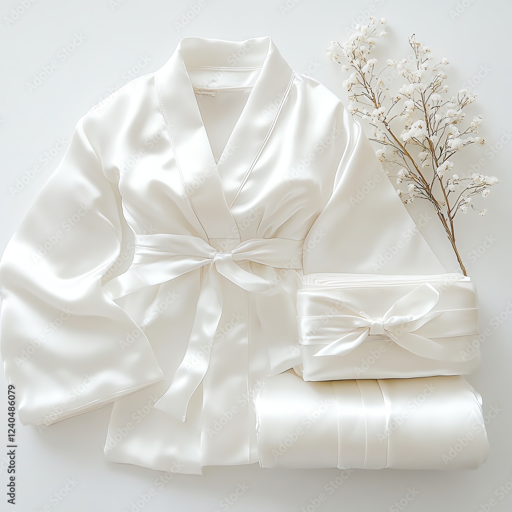 Elegant silk robe set with a bow and delicate flowers, white isolate background. Elegant silk robe set with a bow and delicate flowers, white isolate background.