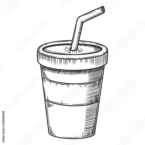 Soda drink in the paper cup with straw. Food illustration in the graphic line art style. Hand drawn vector outline element of beverage. Perfect for fast food menu creating and drawing designs.