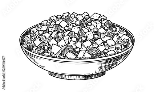 Olivier Russian salad food illustration in the graphic line art style. Hand drawn vector outline element of cold side dish meal. Perfect for menu creating and sketch drawing designs.