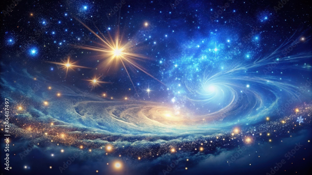 Ethereal cosmic background with swirling stars and glittering sparks, set against a deep blue night sky, evoking a sense of wonder and magic , glittering sparks, night sky Ethereal cosmic background with swirling stars and glittering sparks, set against a deep blue night sky, evoking a sense of wonder and magic , glittering sparks, night sky