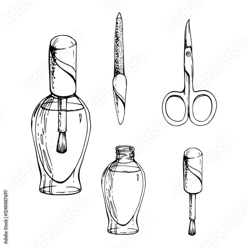 Manicure pedicure cuticle polish varnish lacquer, nail file emery board, scissors, isolated object line vector sketch hand drawn in ink. Beauty parlor salon illustration, packaging, cosmetics shop
