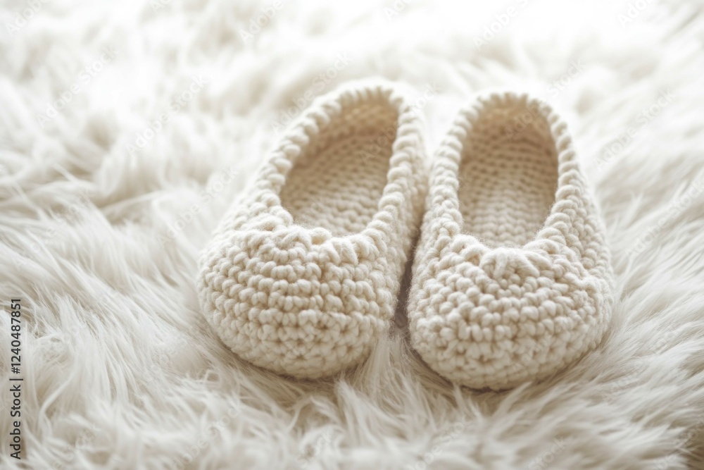 A pair of crochet slippers with a cozy texture placed on a fluffy white rug, styled for a winter theme. A pair of crochet slippers with a cozy texture placed on a fluffy white rug, styled for a winter theme.