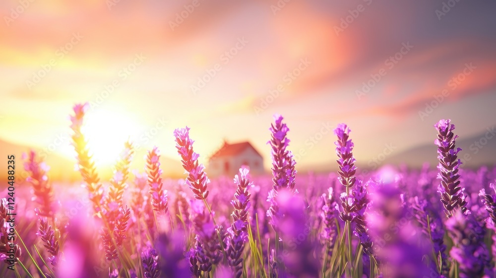 Blooming lavender flowers in a purple field with a small house in the background illuminated by a warm sunset Blooming lavender flowers in a purple field with a small house in the background illuminated by a warm sunset