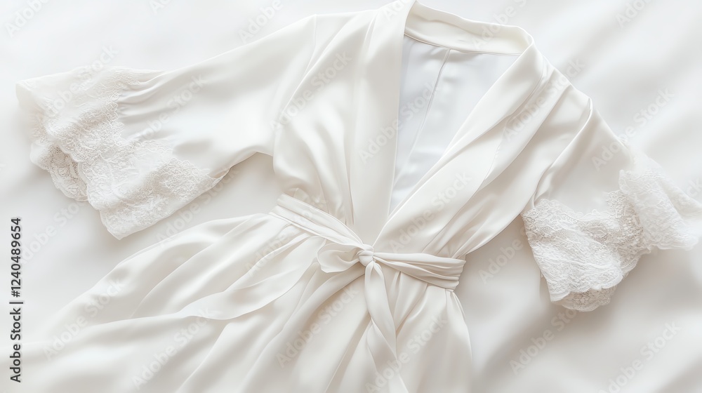 Elegant white robe with lace details on soft bed linen. Elegant white robe with lace details on soft bed linen.