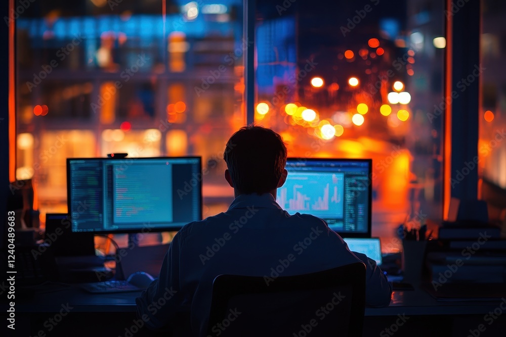 A silhouette of a person working late at night, illuminated by computer screens, with a vibrant cityscape blurred in the background. A silhouette of a person working late at night, illuminated by computer screens, with a vibrant cityscape blurred in the background.